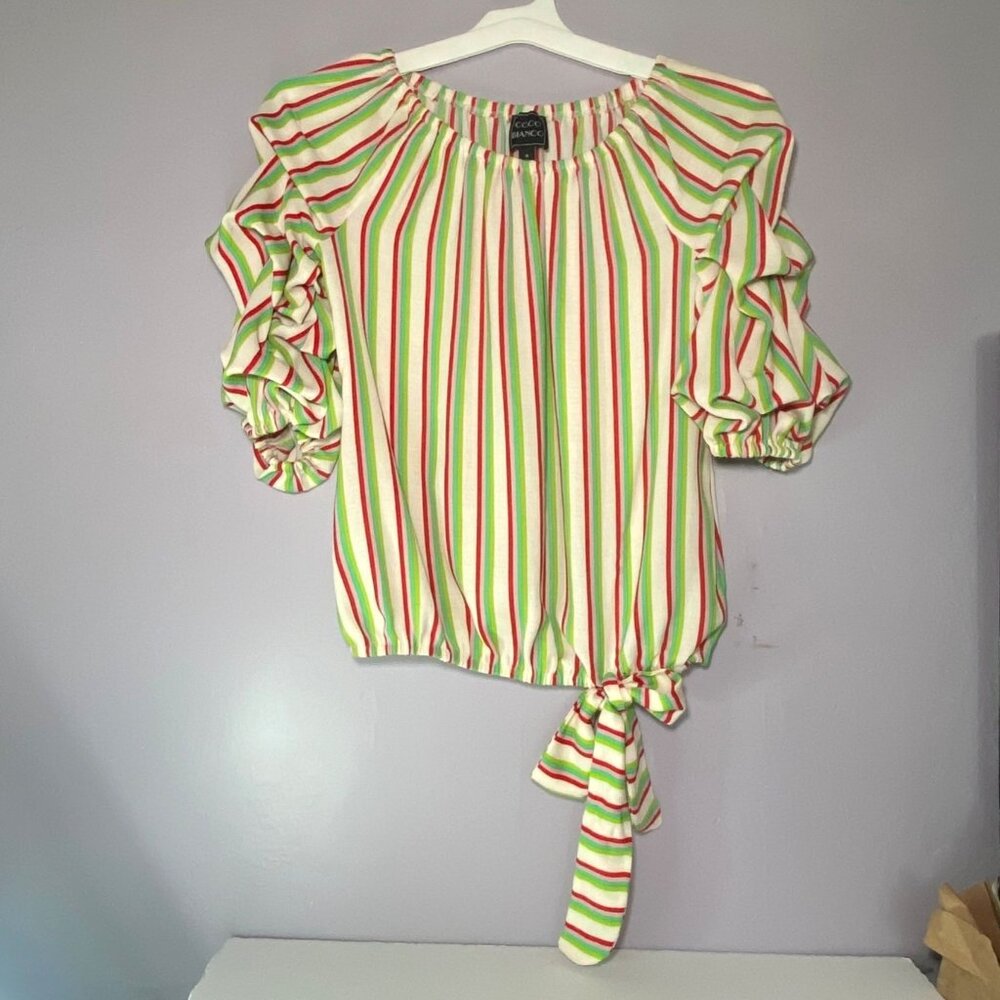 Coco Bianco Striped Ruffle‎ Sleeve Top With Tie Waist Multicolor Size S